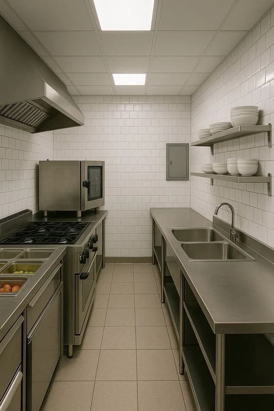 Commercial kitchen with cooking equipment, stainless steel sink counters and an extraction hood