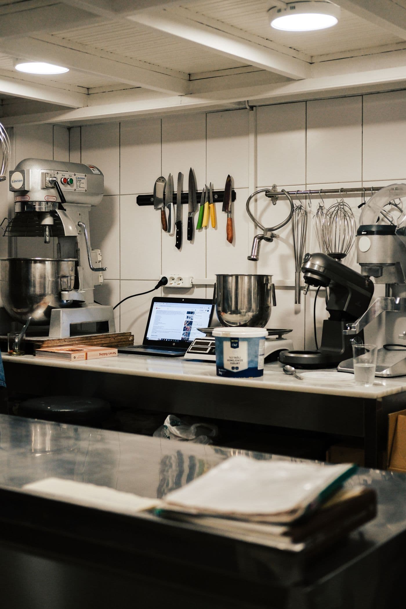 Professional mixers and food preparation work surfaces