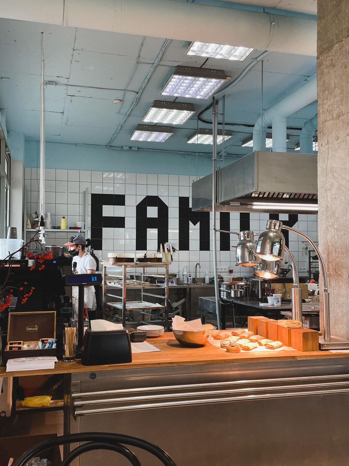Bakery kitchen with preparation racks and commercial equipment